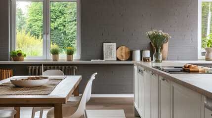 Modern rustic kitchen with artisanal decor in grey and beige tones.