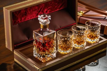 Whiskey gift set presented in a gold gift box, exuding luxury and elegance.