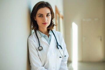 Confident Young Female Doctor Standing In Hospital Corridor During Daytime