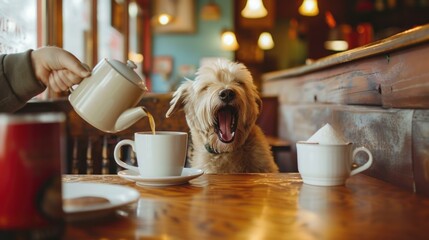 Sleepy dog needs morning wake up coffee, dog yawning, yawn, Pet-Friendly Café with Yawning Dog