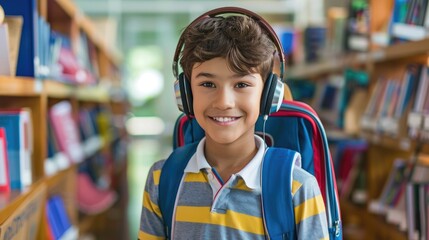 Smiling young student equipped with headphones backpack and books prepared for returning to school