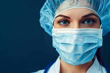 Female Health Professional in Blue Scrubs and Surgical Mask Against a Dark Background