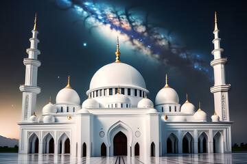 Fototapeta na wymiar beautiful white mosque with milky way sky background, view from the front.