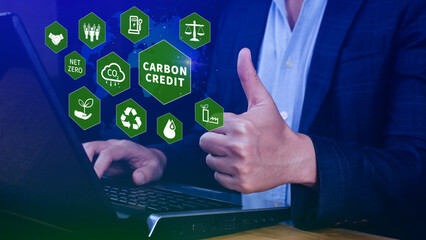 Green energy, Carbon credit market concept, Businessman holding Carbon credit icon, Net zero, Green...