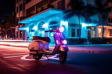 Vespa scooter parked in Miami Beach at night