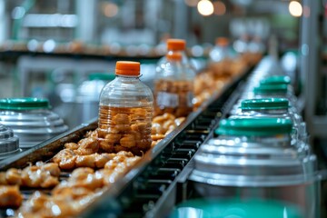 Packaging of marinated chicken meat, line conveyor in a factory, selective background