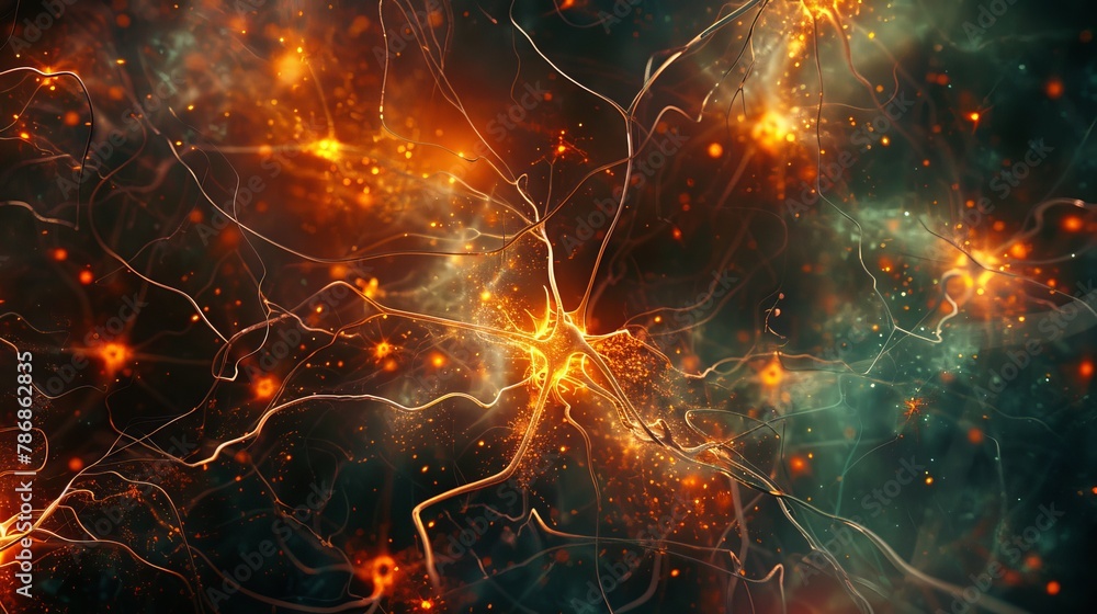 Poster a network of neurons, with abstract synapses firing and transmitting information across the brain