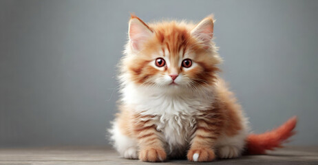 Cute fluffy red and white young cat and grey background ai generative