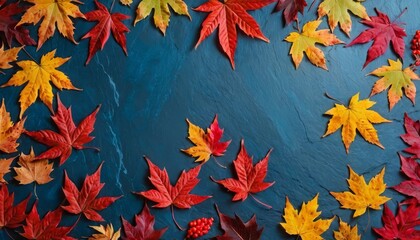 Obraz premium Autumn background with colored red leaves on blue slate background.