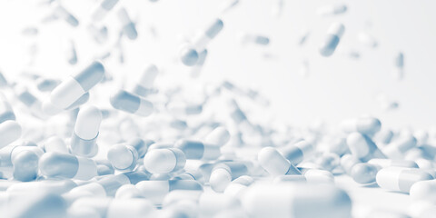 White blue pills close up. Development medicine and pharmacology - obrazy, fototapety, plakaty