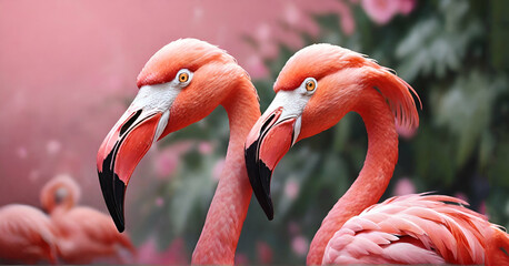Pink flamingo closeup profile portrait against smooth pink background ai generative