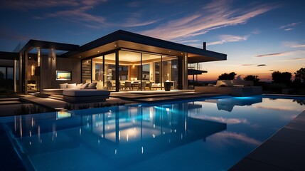 Pool outside modern house at twilight 