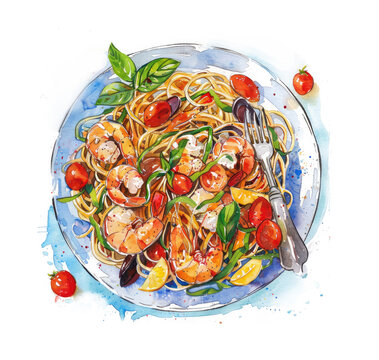 Pasta and seafood on plate. Vegetables and herbs. Watercolor illustration. Isolated picture for design.