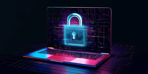 Secure Your Digital World: Laptop with Glowing Padlock Icon, Ensuring Data Protection in Cyber Space, copy space