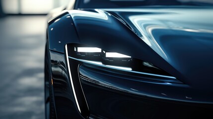 A close-up of a sleek black luxury sports car's headlight, showcased in the reflective ambiance of...