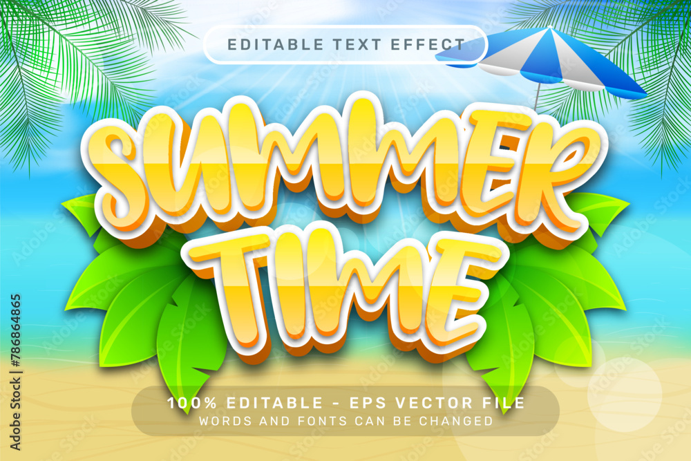 Poster summer time 3d text effect and editable text effect with a beach background