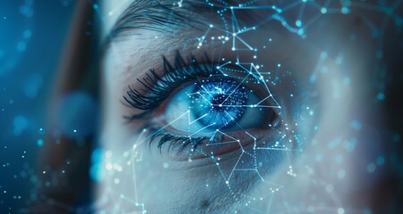Eye with digital connections on top for facial biometricapping or advanced AI technology - obrazy, fototapety, plakaty