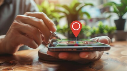 A person using a pin location map app on a smartphone to find the nearest restaurant.