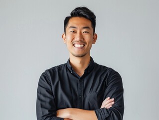 Asian startup co-founder optimistic smile - obrazy, fototapety, plakaty