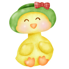 dorable Yellow Duck in Green Hat and Red Bow