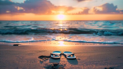 A poignant image of Jesus sandals left on a sandy beach leading towards the sunset