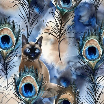 Siamese cats and peacock feathers, exotic watercolor, seamless pattern, rich blues and soft browns, elegant allure. Seamless Pattern, Fabric Pattern, Tumbler Wrap, Mug Wrap.