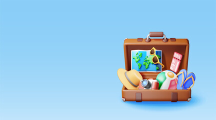 3d vintage travel bag with airline ticket, map and beach clothes. Render paper ticket with plane icon, suitcase and photo camera. Travel, holiday or vacation and transportation. Vector illustration