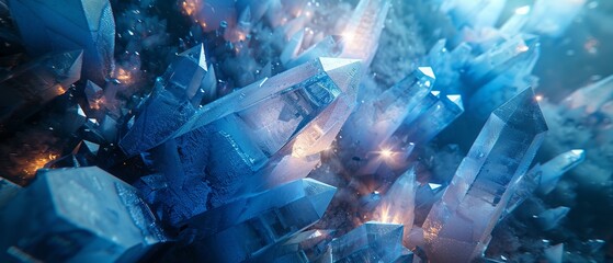 Blue crystal matrix, sharp edges, translucent cubes, cool lighting,