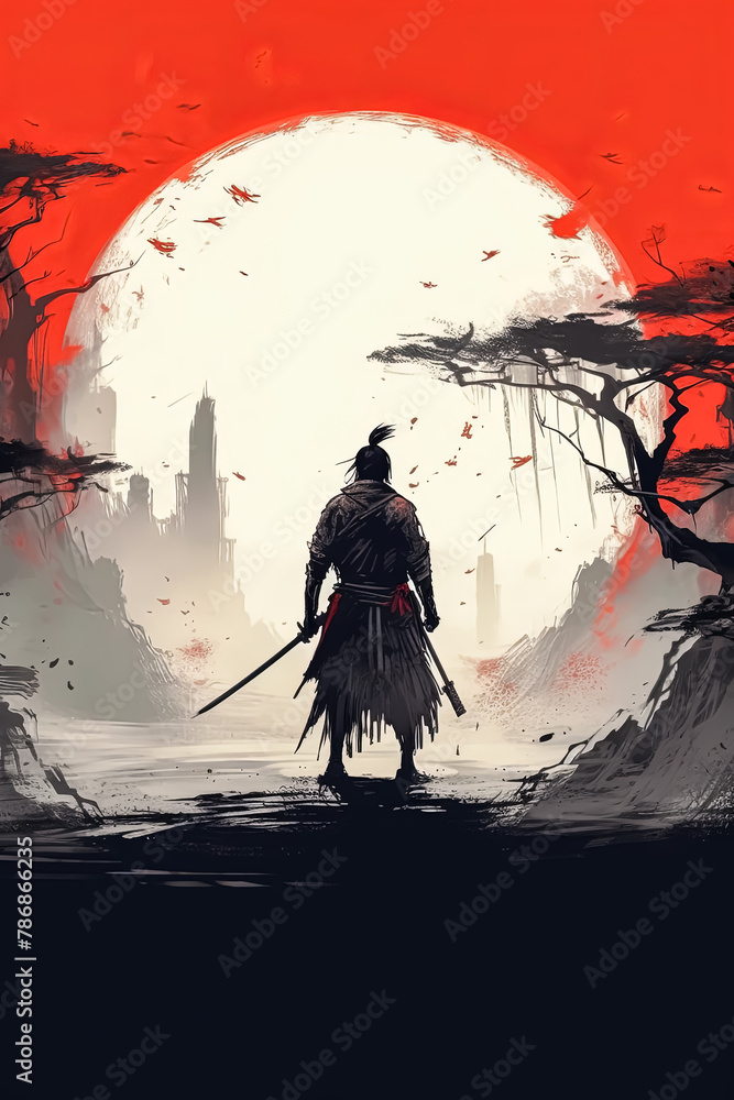 Poster a man in black is holding a sword and standing in front of a red circle.