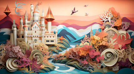 fantasy landscape with layered paper castle - 786866219