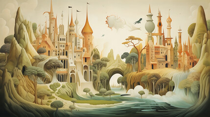 fantasy landscape with layered paper castle - 786866223