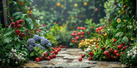 Stone pathway through lush garden with flowers and fruit trees in bloom surrounded by vibrant...