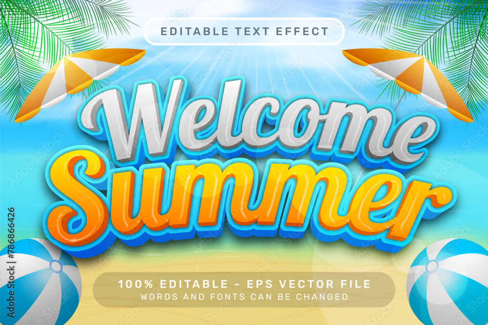 Poster welcome summer 3d text effect and editable text effect with a beach background