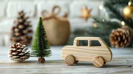 Wooden Toy Car with Festive Tree on Table against White Background - Powered by Adobe