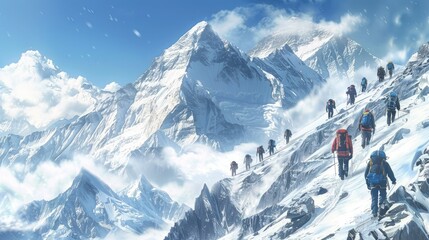 Mountaineers Trekking in Snowy Mountain Landscape