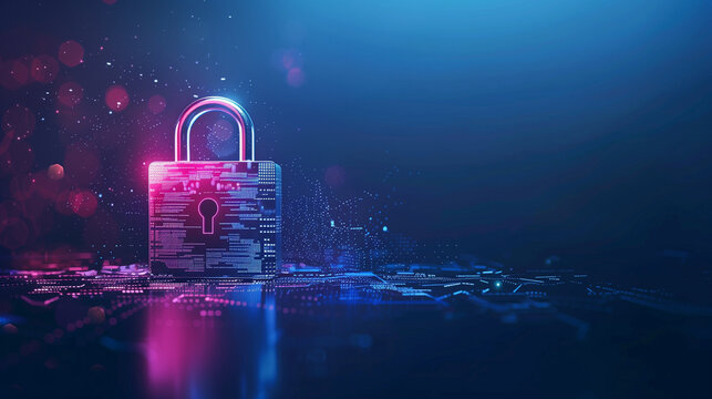 Cyber security technology for fraud prevention and privacy data network protection concept. Digital padlock for computing system on dark blue background.