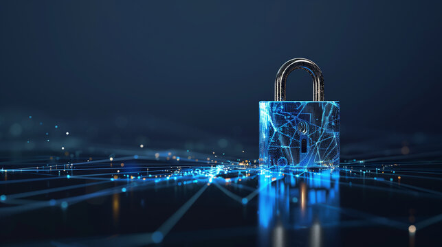 Cyber security technology for fraud prevention and privacy data network protection concept. Digital padlock for computing system on dark blue background.