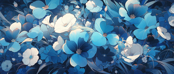 a many blue flowers that are in the middle of a field - obrazy, fototapety, plakaty