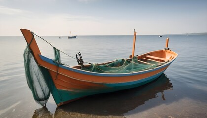 Fototapeta na wymiar Small-fishing-boat-with-fishing-net-and-equipment