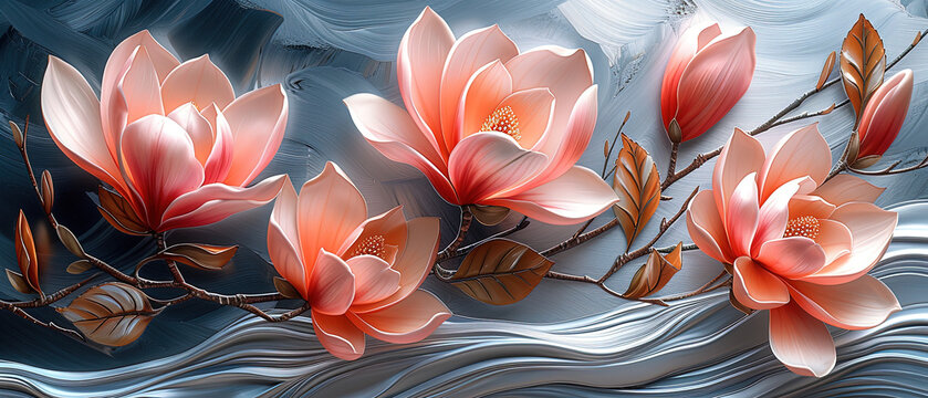 a three pink flowers on a branch on a blue background