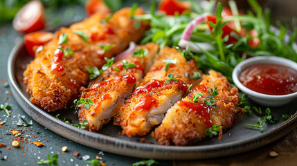 Fried breaded meat with sauce and salad