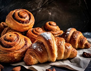 Close up of pile of delicious croissants on a dark background.