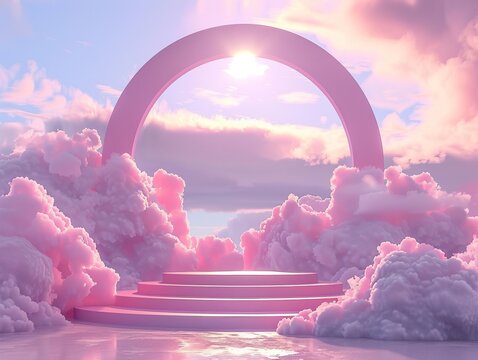 Surreal pink podium with ethereal sky effect