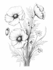 Wildflower Wall Art, Pencil illustration, generated ai