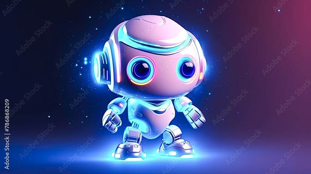 Poster a robot with glowing eyes stands in front of a dark background