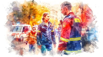 Emergency Service Personnel in Conversation During a Crisis, Enhanced with Watercolor Aesthetics