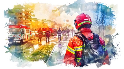 Brave Firefighters Assembling for a Rescue Mission in an Urban Area, Watercolor Effect - obrazy, fototapety, plakaty