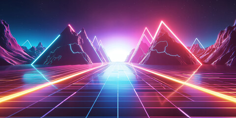 Synthwave Dreamscape: Retro-Futuristic Neon Holographs Illuminate Abstract Cyberpunk Landscape