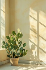 Sunlight Casting Shadows on a Potted Prickly Pear Cactus