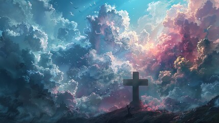 Sacred cross with heavenly clouds - obrazy, fototapety, plakaty